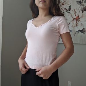 Light Pink Button Detail V-Neck Tee